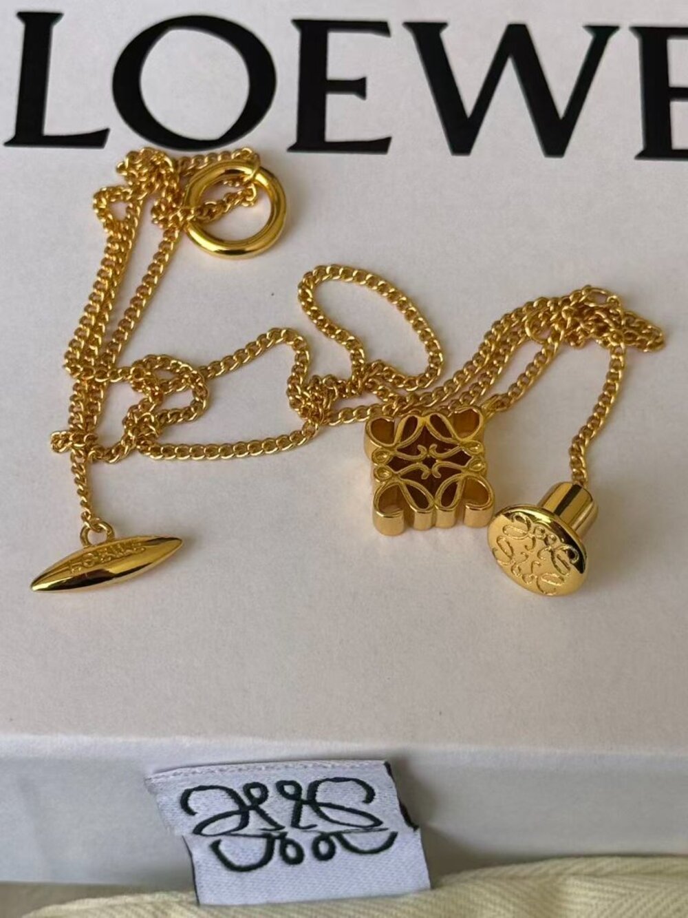 LOEWE Gold Tone Anagram Pendant Necklace Chain Minimalist Luxury - Picture 7 of 9